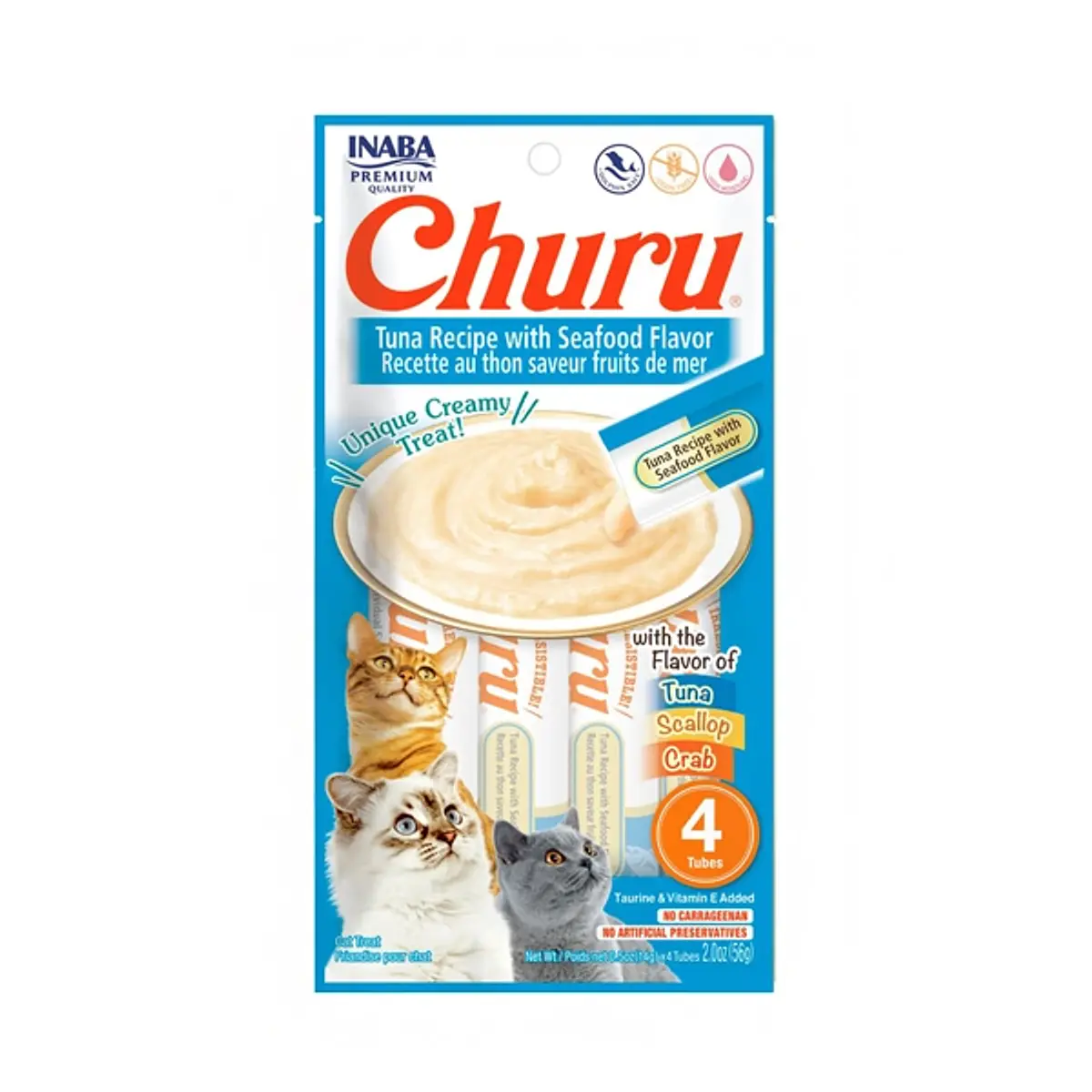 CHURU GATO ATUN Y MARISCOS (SCALLOP/CANGREJO) 14GR X 4 TUBOS